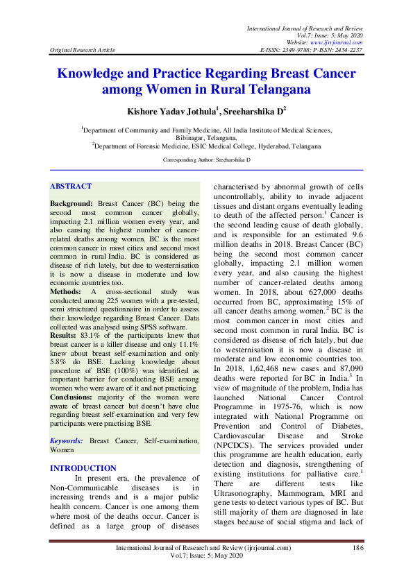 (PDF) Knowledge and Practice Regarding Breast Cancer among Women in ...