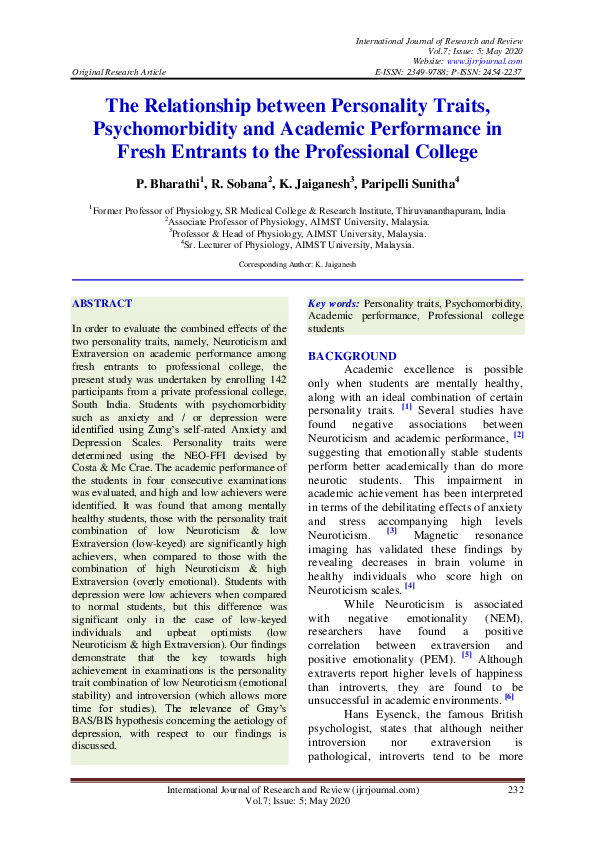 (PDF) The Relationship between Personality Traits, Psychomorbidity and ...
