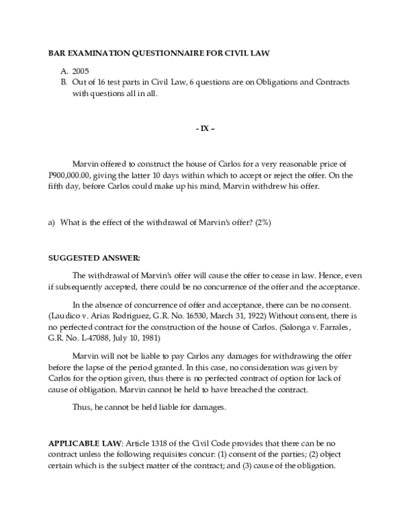 (DOC) BAR EXAMINATION QUESTIONNAIRE FOR CIVIL LAW Lordy Jessah