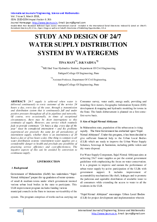 (PDF) STUDY AND DESIGN OF 24/7 WATER SUPPLY DISTRIBUTION SYSTEM BY