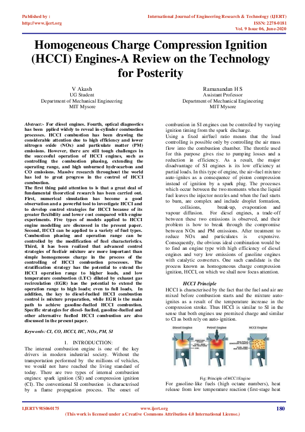 (PDF) IJERTHomogeneous Charge Compression Ignition (HCCI) EnginesA