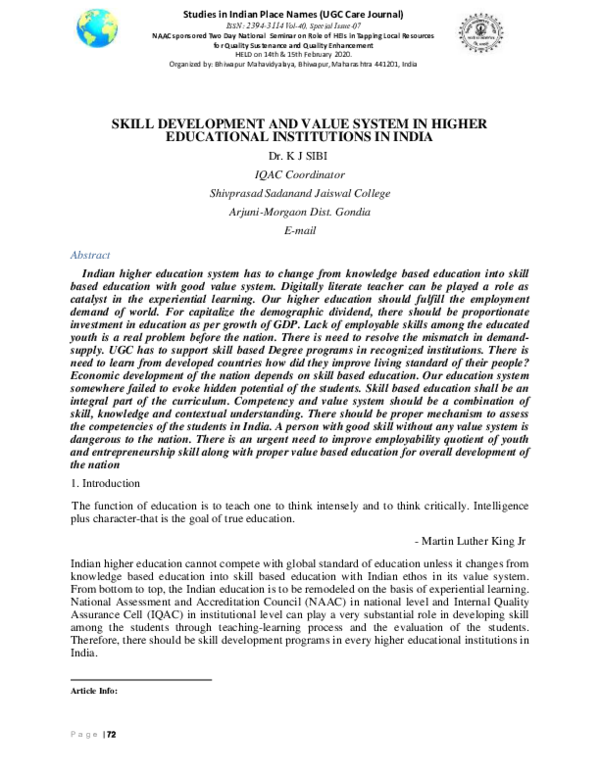 (PDF) SKILL DEVELOPMENT AND VALUE SYSTEM IN HIGHER EDUCATIONAL ...