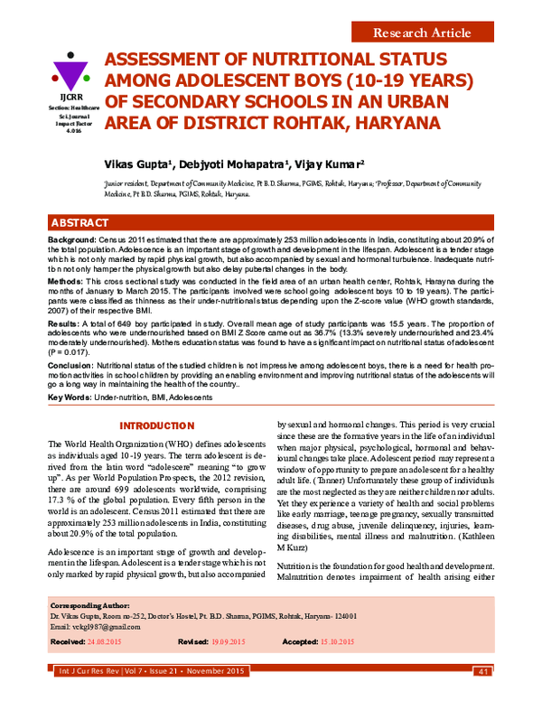 (PDF) ASSESSMENT OF NUTRITIONAL STATUS AMONG ADOLESCENT BOYS (10-19 ...