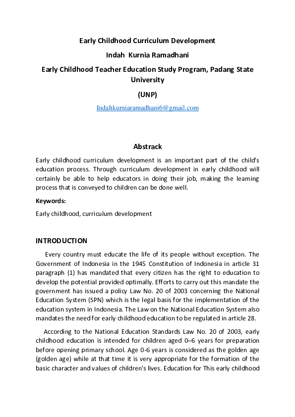 (PDF) Early Childhood Curriculum Development Indahkurnia Ramadhani