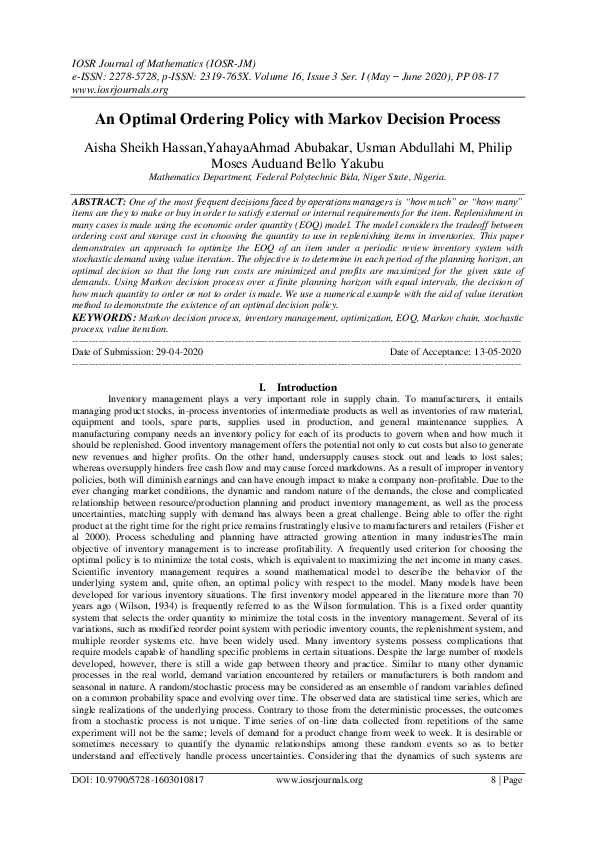 (PDF) An Optimal Ordering Policy with Markov Decision Process