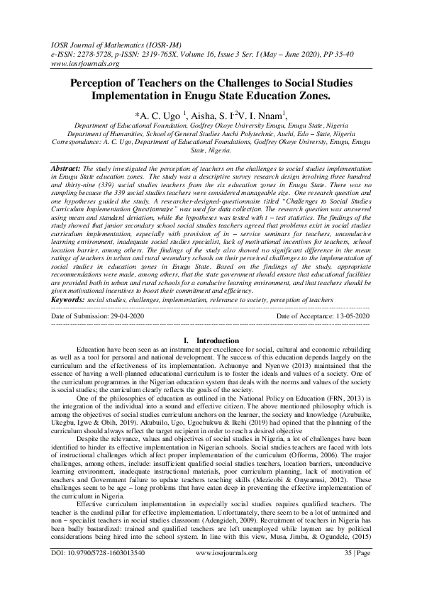(PDF) Perception of Teachers on the Challenges to Social Studies ...