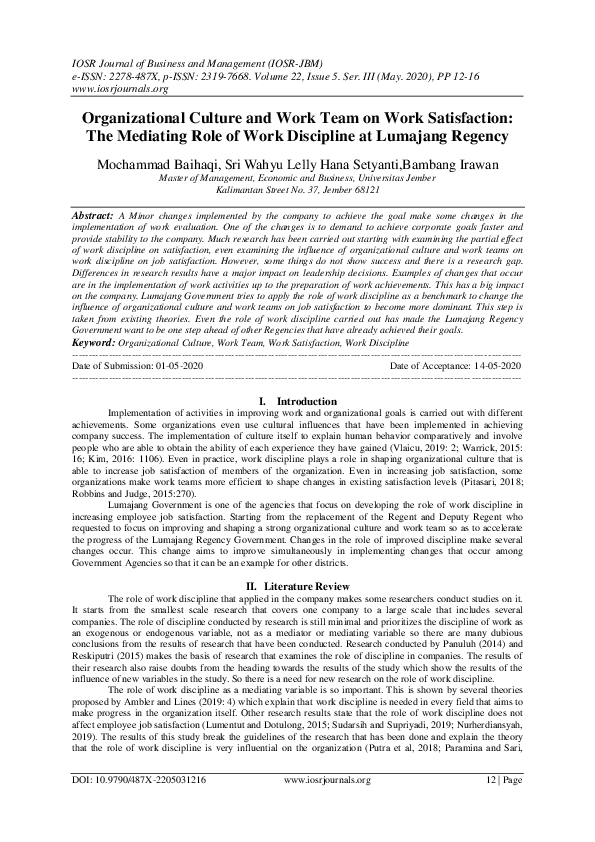 (PDF) Organizational Culture and Work Team on Work Satisfaction: The ...