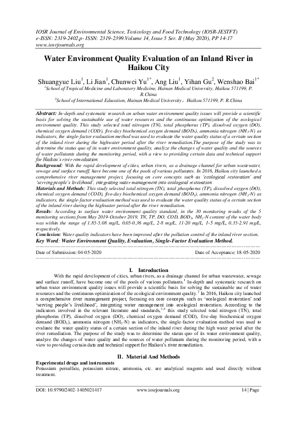 (PDF) Water Environment Quality Evaluation of an Inland River in Haikou ...