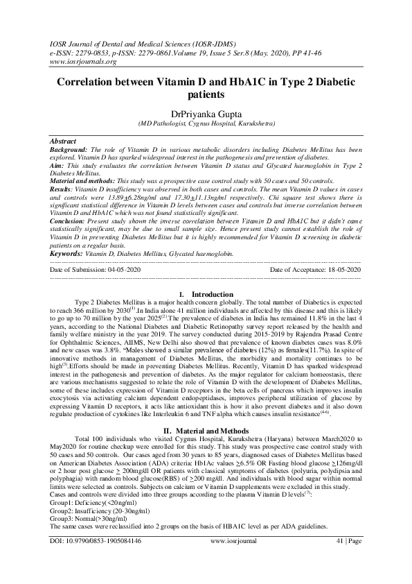 (PDF) Correlation between Vitamin D and HbA1C in Type 2 Diabetic patients