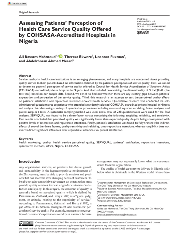 (PDF) Assessing Patients’ Perception of Health Care Service Quality ...