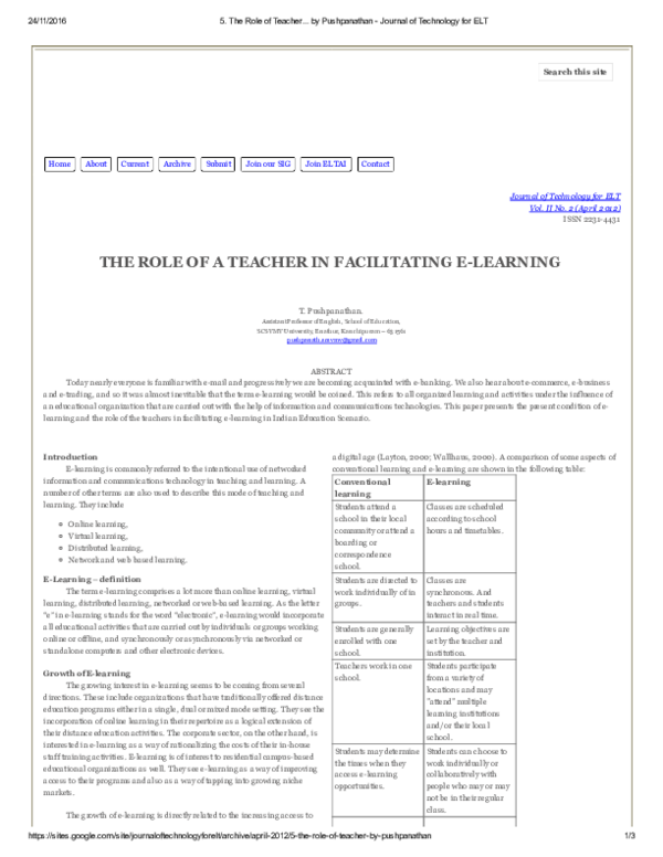 (PDF) THE ROLE OF A TEACHER IN FACILITATING ELEARNING