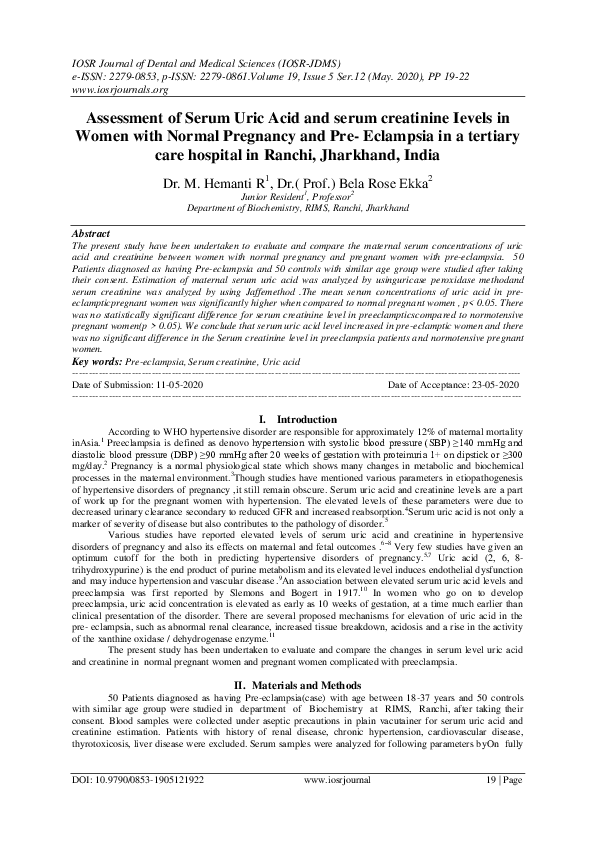 (PDF) Assessment of Serum Uric Acid and serum creatinine Ievels in ...