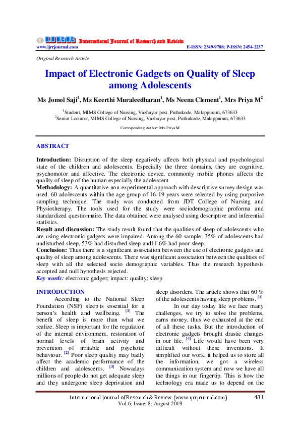 (PDF) Impact of Electronic Gadgets on Quality of Sleep among Adolescents