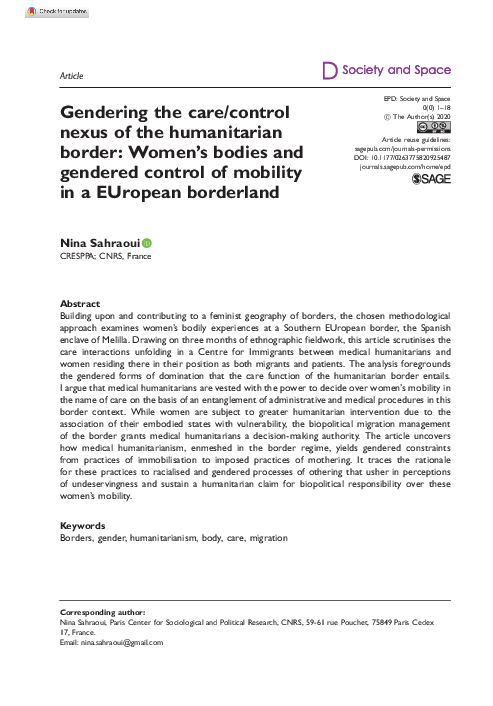 (PDF) Gendering the care/control nexus of the humanitarian border ...