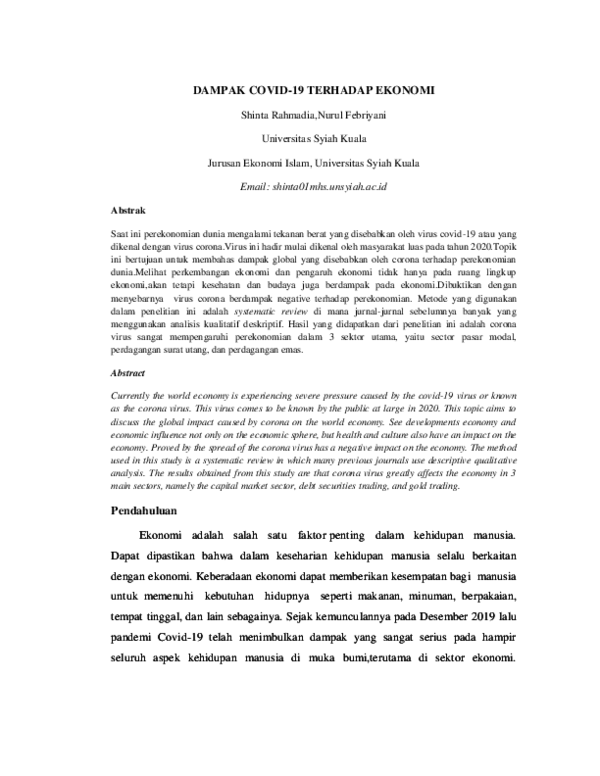 Pdf Dampak Covid 19 Terhadap Ekonomi