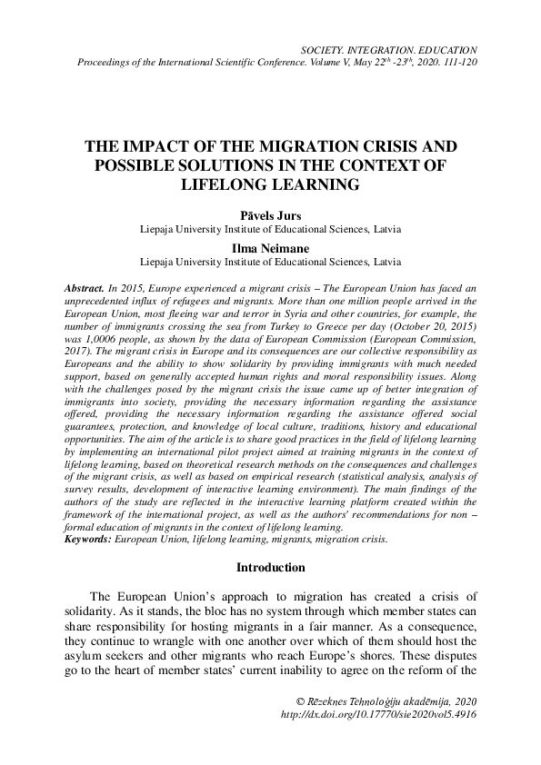 (PDF) THE IMPACT OF THE MIGRATION CRISIS AND POSSIBLE SOLUTIONS IN THE ...