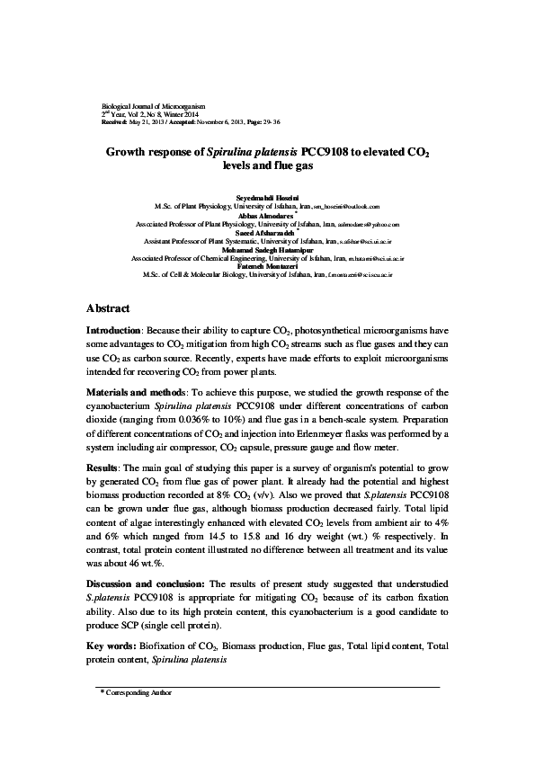 (PDF) Growth response of Spirulina platensis PCC9108 to elevated CO 2 ...