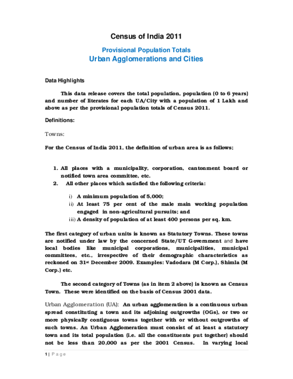 (PDF) Census of India 2011 Provisional Population Totals
