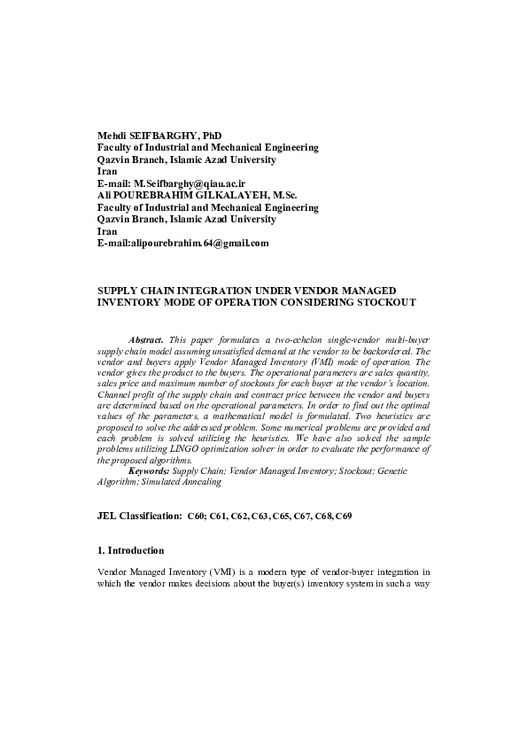 (PDF) Supply chain integration under vendor managed inventory mode of ...