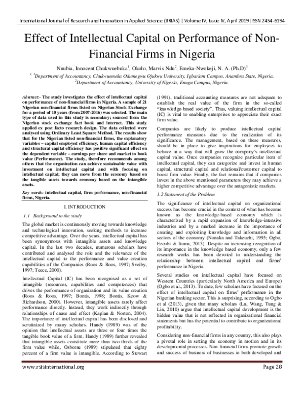 (PDF) Effect of Intellectual Capital on Performance of Non- Financial ...