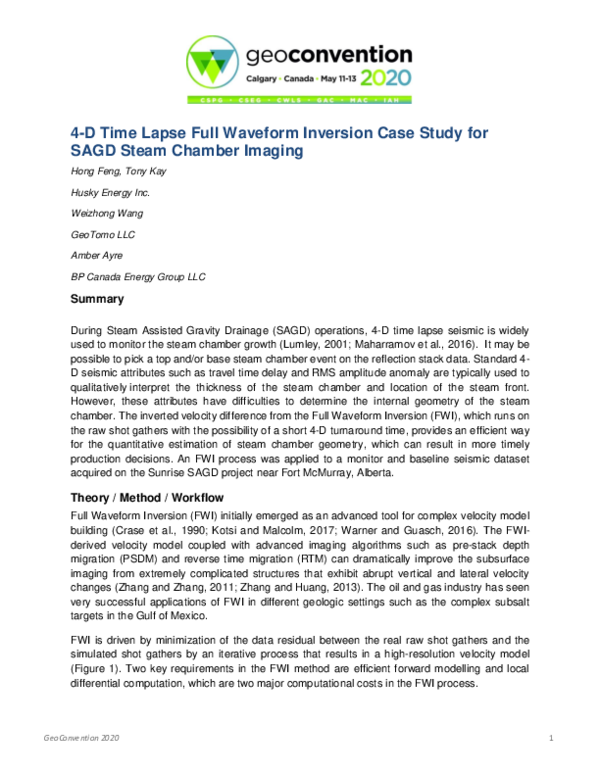 (PDF) 4-D Time Lapse Full Waveform Inversion - Case Study for SAGD ...