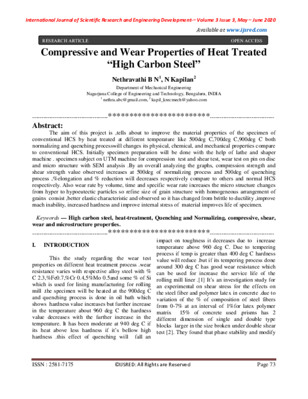 (PDF) Compressive and Wear Properties of Heat Treated "High Carbon Steel"