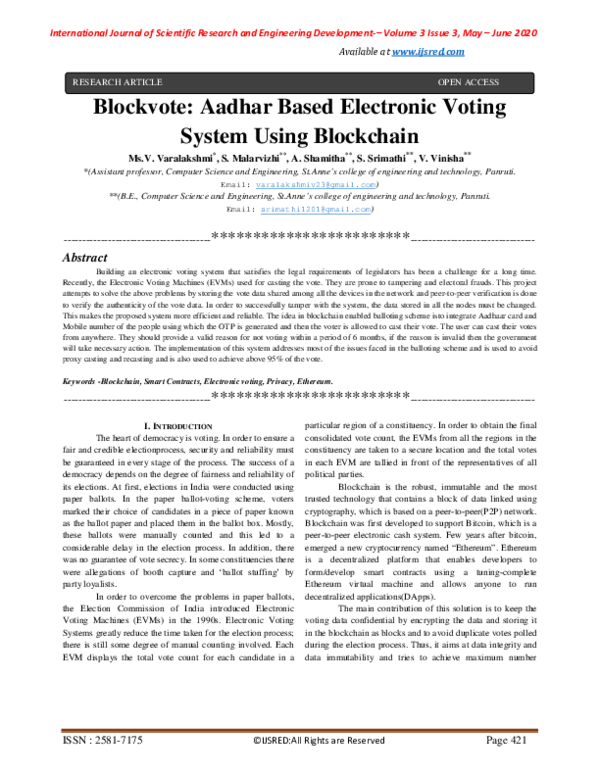 (PDF) Blockvote: Aadhar Based Electronic Voting System Using Blockchain