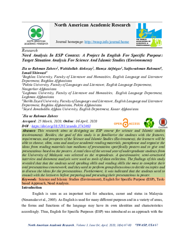 (PDF) Need Analysis In ESP Context A Project In English For Specific ...