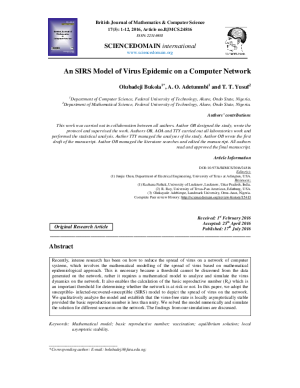 (PDF) An SIRS Model of Virus Epidemic on a Computer Network