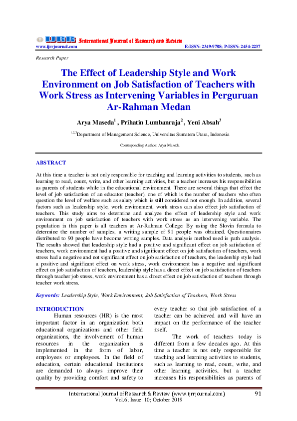 (PDF) The Effect of Leadership Style and Work Environment on Job ...
