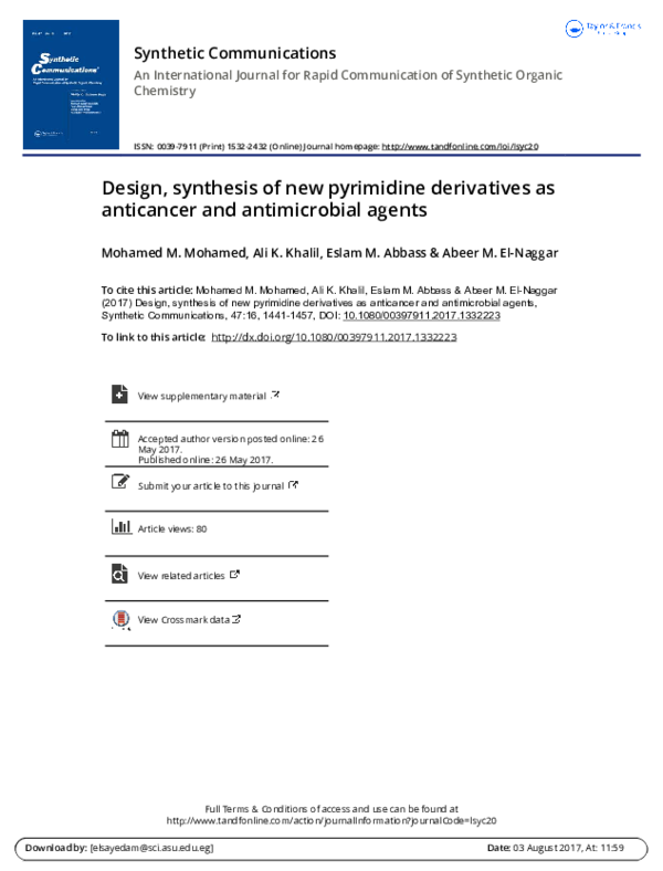 (PDF) Design, synthesis of new pyrimidine derivatives as anticancer and ...