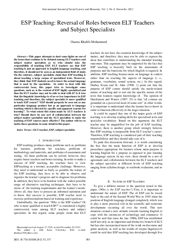 (PDF) ESP Teaching: Reversal of Roles between ELT Teachers and Subject ...