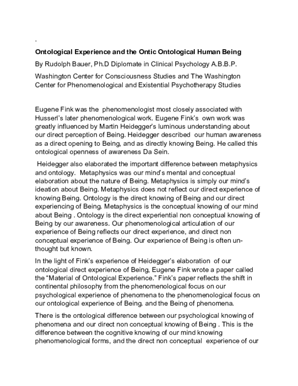 (DOC) Ontological Experience and the Ontic Ontological Human Being