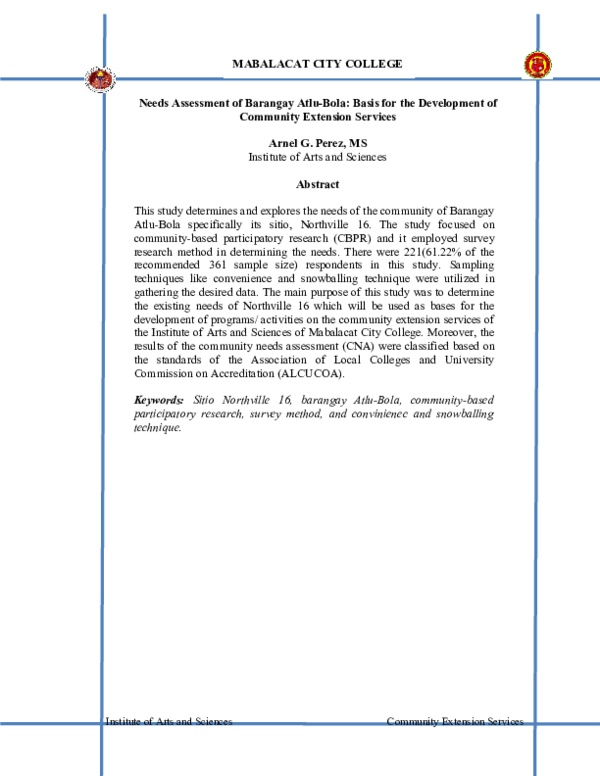 (DOC) Needs Assessment of Barangay AtluBola Basis for the Development
