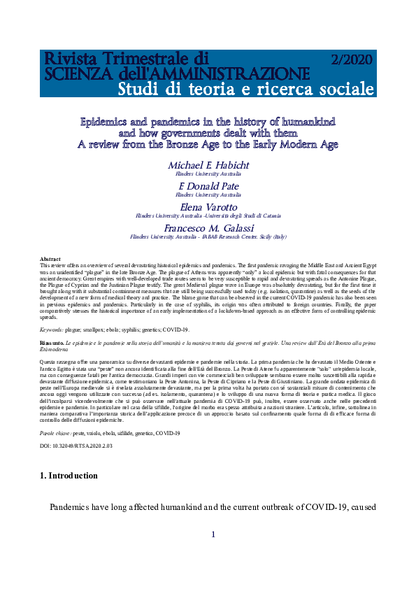 Epidemics and pandemics in the history of humankind and how governments dealt with them. A review from the Bronze Age to the Early Modern Age