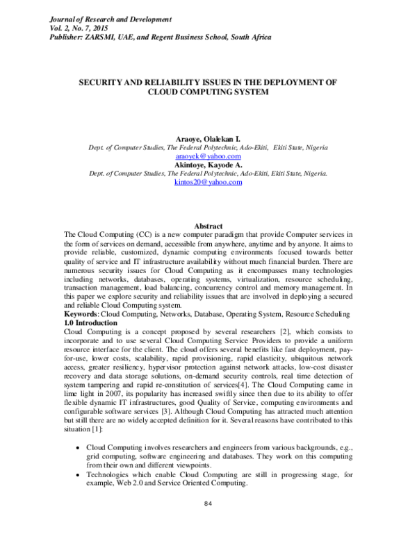 (PDF) SECURITY AND RELIABILITY ISSUES IN THE DEPLOYMENT OF CLOUD ...