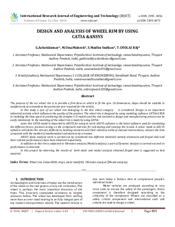 (PDF) DESIGN AND ANALYSIS OF WHEEL RIM BY USING CATIA &ANSYS
