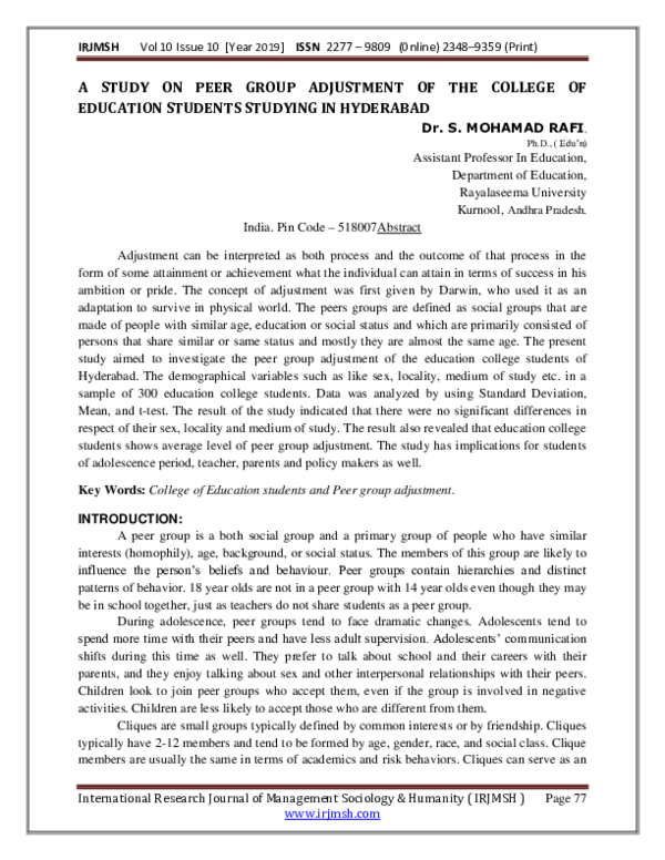 (PDF) A STUDY ON PEER GROUP ADJUSTMENT OF THE COLLEGE OF EDUCATION ...