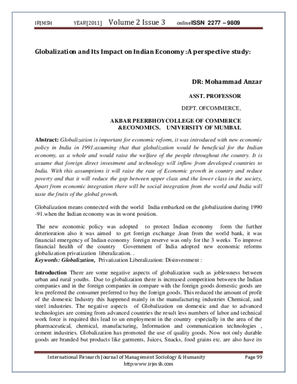 (PDF) Globalization and Its Impact on Indian Economy :A perspective study: