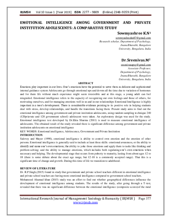 Pdf Emotional Intelligence Among Government And Private Institution Adolescents A Comparative Study International Res Jour Managt Socio Human Academia Edu