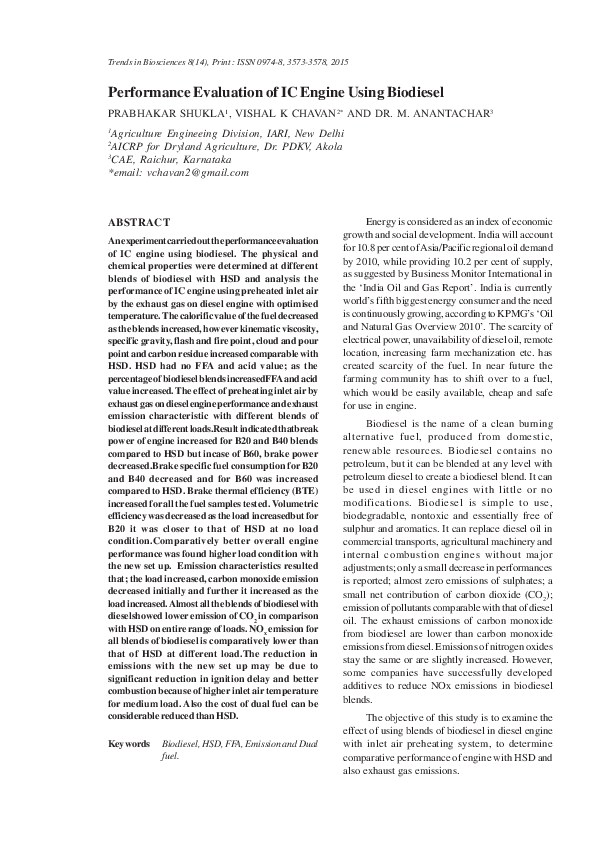 (PDF) Performance Evaluation of IC Engine Using Biodiesel