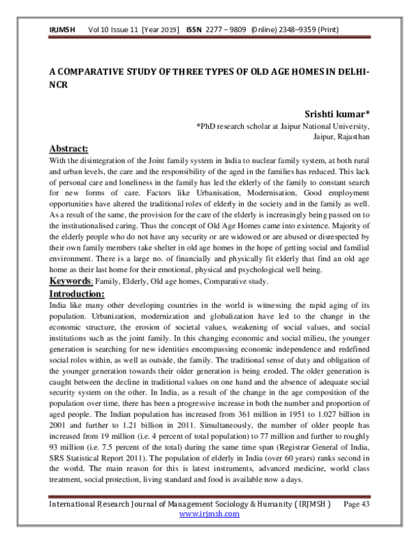 (PDF) A COMPARATIVE STUDY OF THREE TYPES OF OLD AGE HOMES IN DELHI-NCR