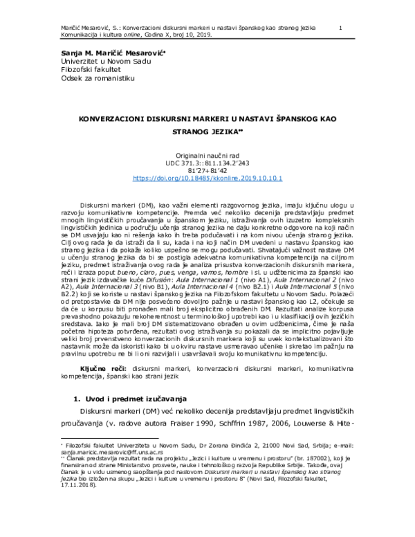 (PDF) KONVERZACIONI DISKURSNI MARKERI U NASTAVI ŠPANSKOG KAO STRANOG JEZIKA