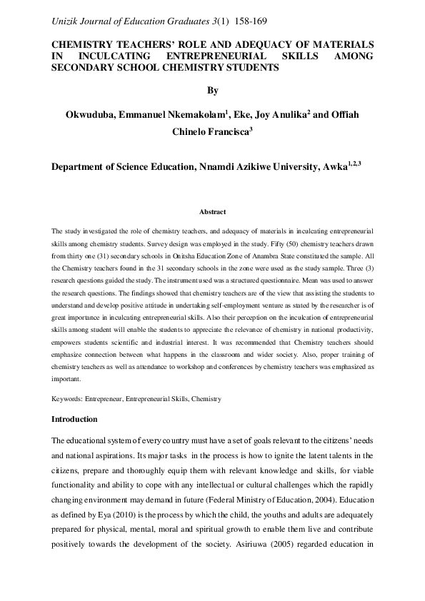 (PDF) CHEMISTRY TEACHERS' ROLE AND ADEQUACY OF MATERIALS IN INCULCATING ...