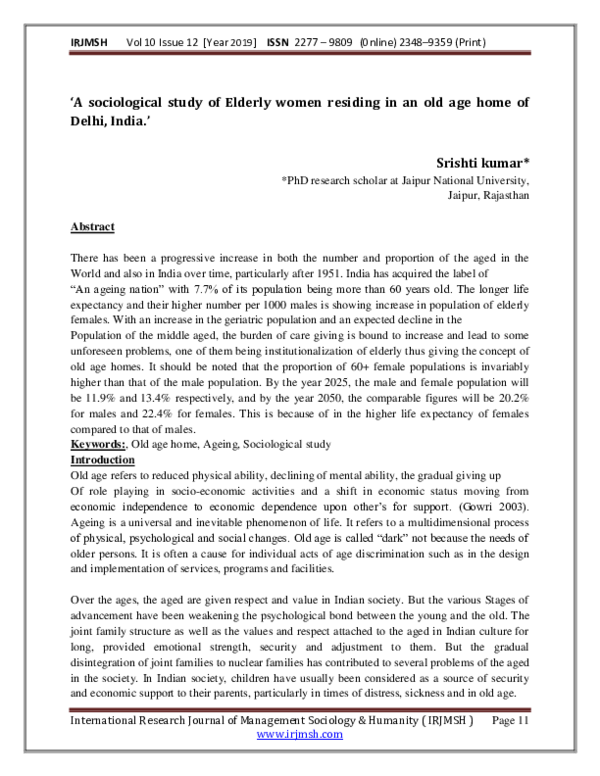 (PDF) A sociological study of Elderly women residing in an old age home ...