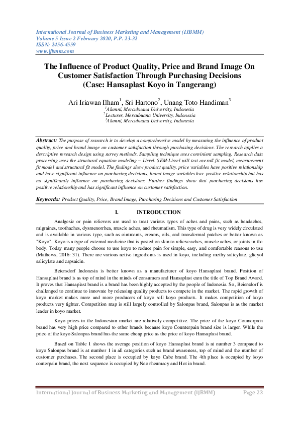 (PDF) The Influence of Product Quality, Price and Brand Image On ...