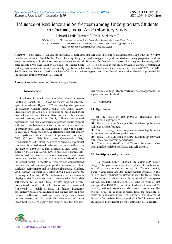 (PDF) Influence of Resilience and Self-esteem among Undergraduate ...