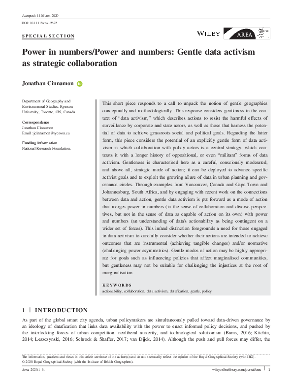 (PDF) Power in numbers/Power and numbers: Gentle data activism as ...