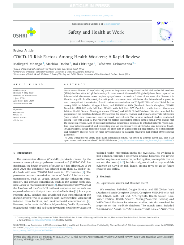 (PDF) COVID-19 Risk Factors Among Health Workers: A Rapid Review