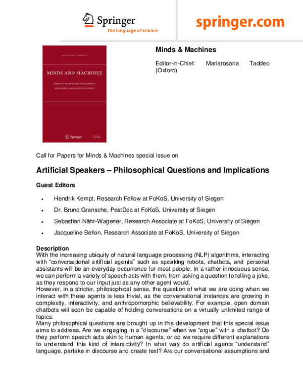 (PDF) Call for Papers for Minds & Machines special issue on Artificial ...